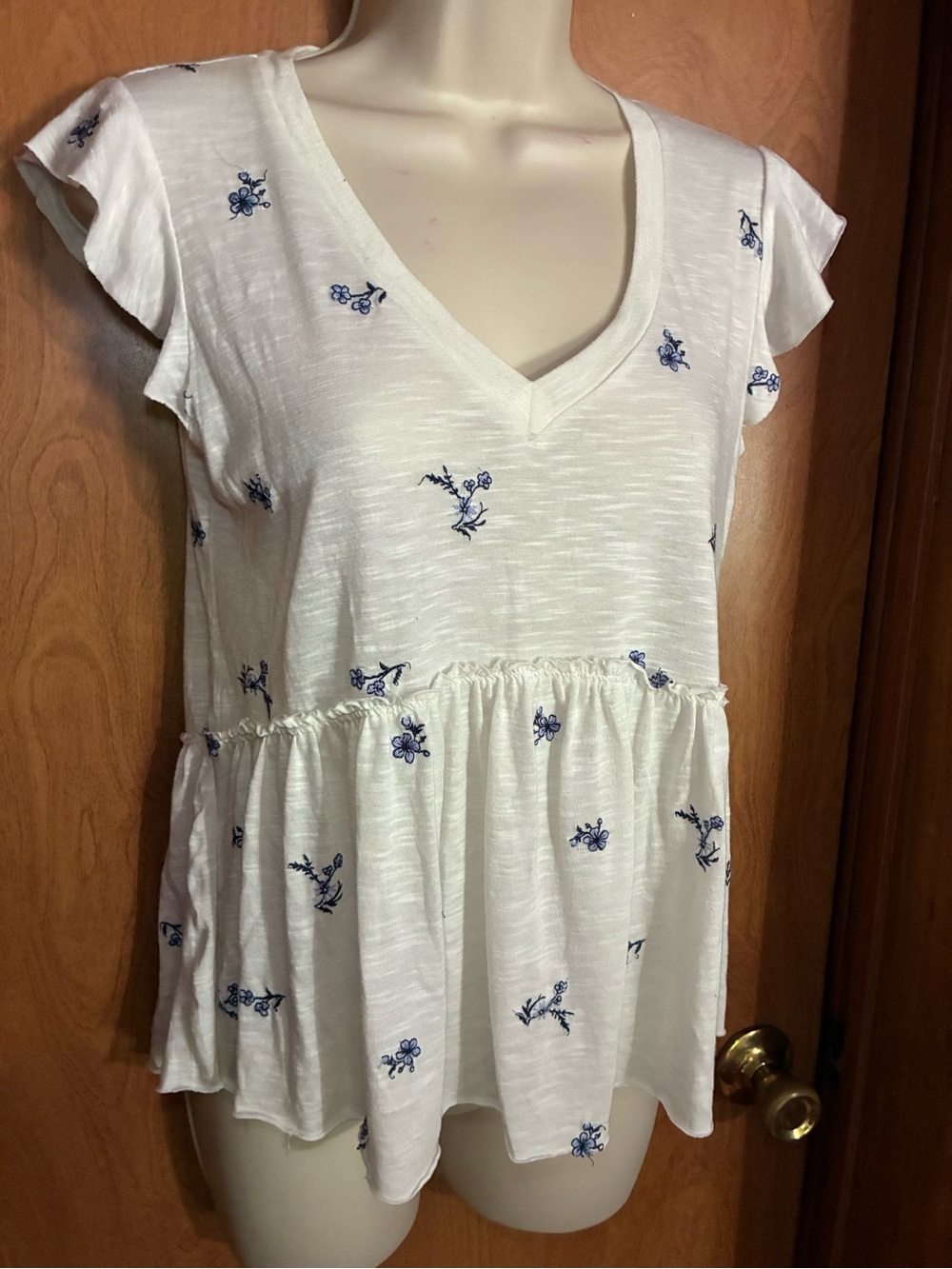 Women's White V-Neck Top with Blue Floral Embroidery Cottagecore
